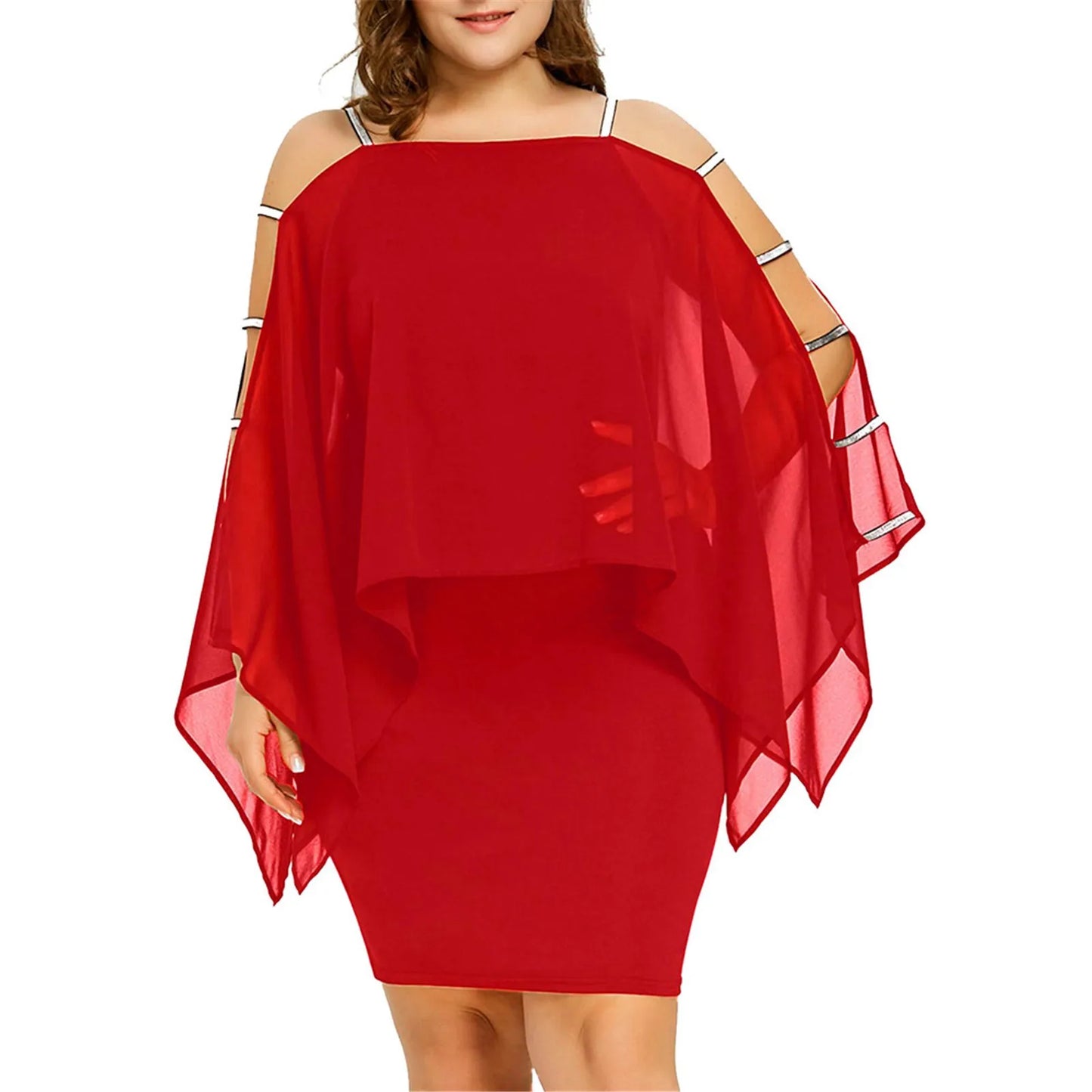 Womens Plus Size Ladder Cut Overlay Asymmetric Chiffon Mini Dress