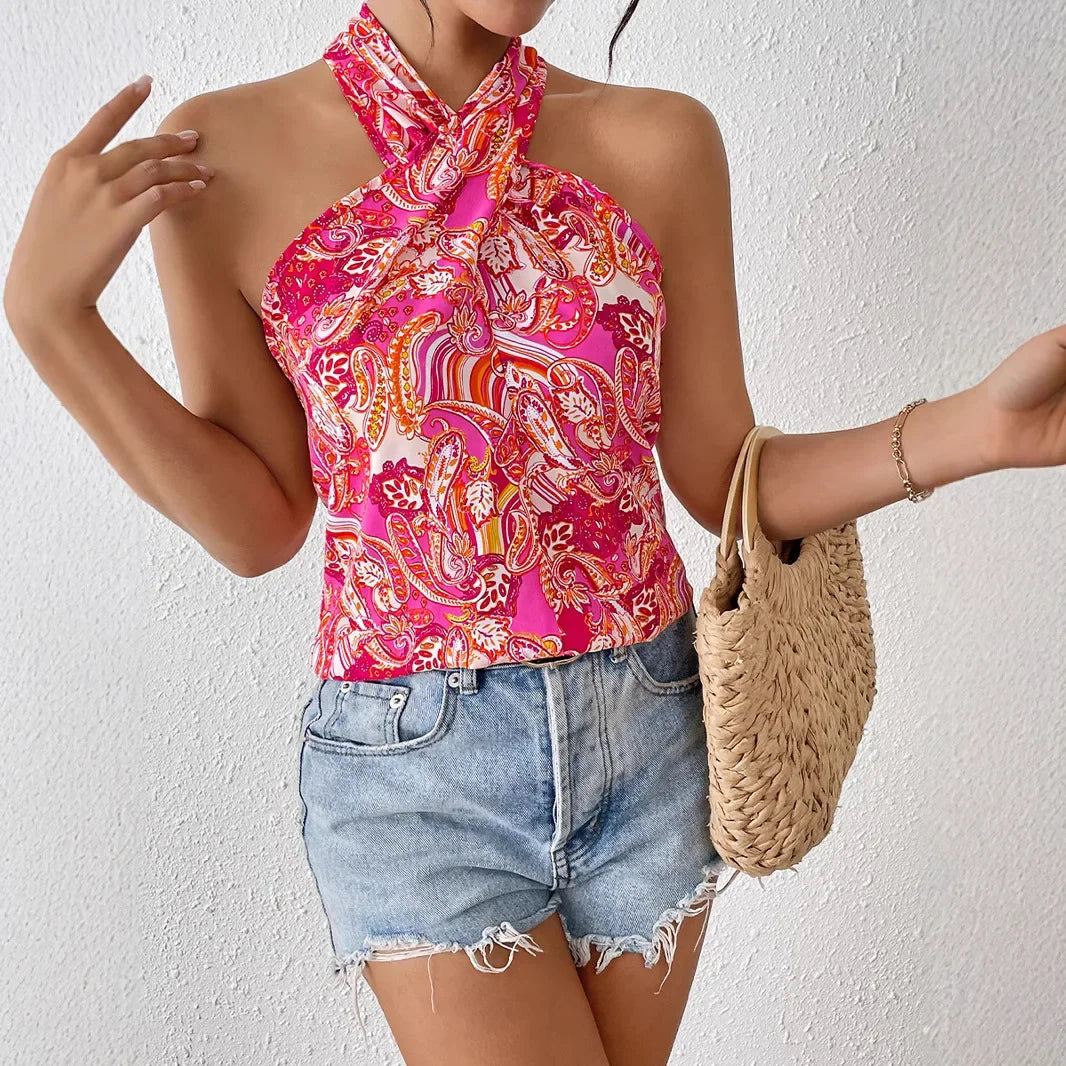 Floral Print Cross-Over Neck Sleeveless Sexy Floral Patterned Strapless Summer Casual Women's Top.  S-XL