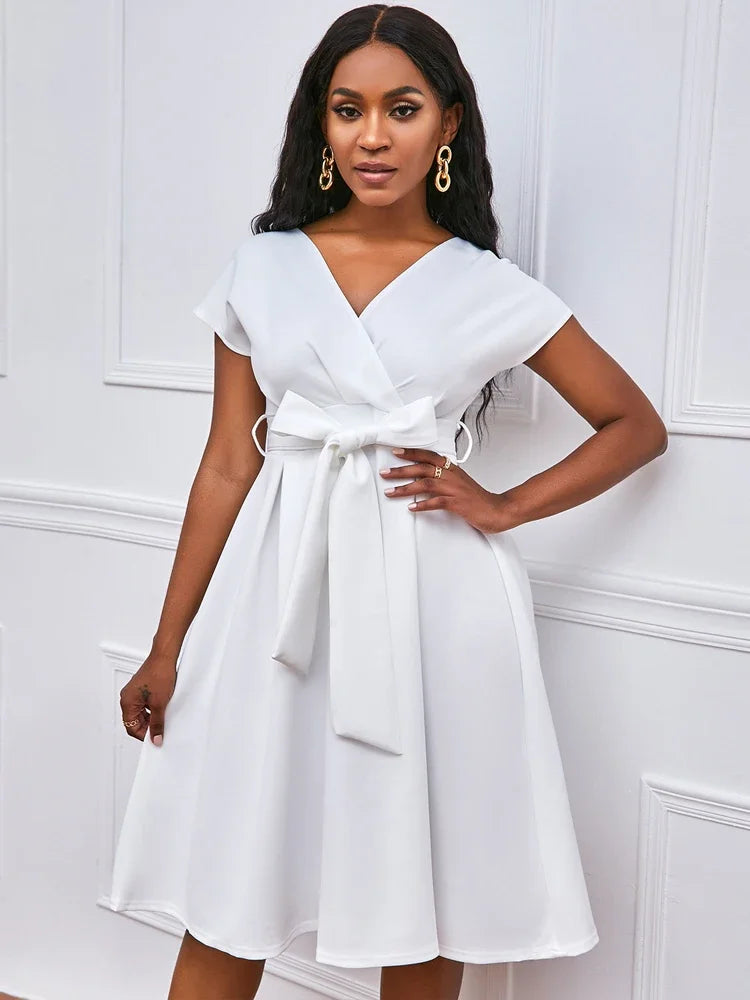 Women V Neck Dress Pleated A Line with Waist Belt Party Fashion Female African Event Occasion Prom White Celebrate Elegant Robes