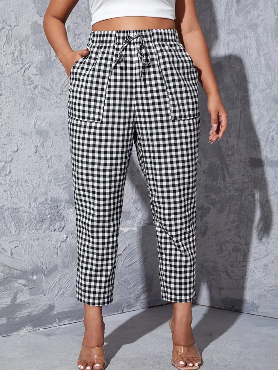 Curvy Size Gingham Summer Casual Tapered Pants Elastic Waist Pocket Front ,Ankle Length Straight Pants