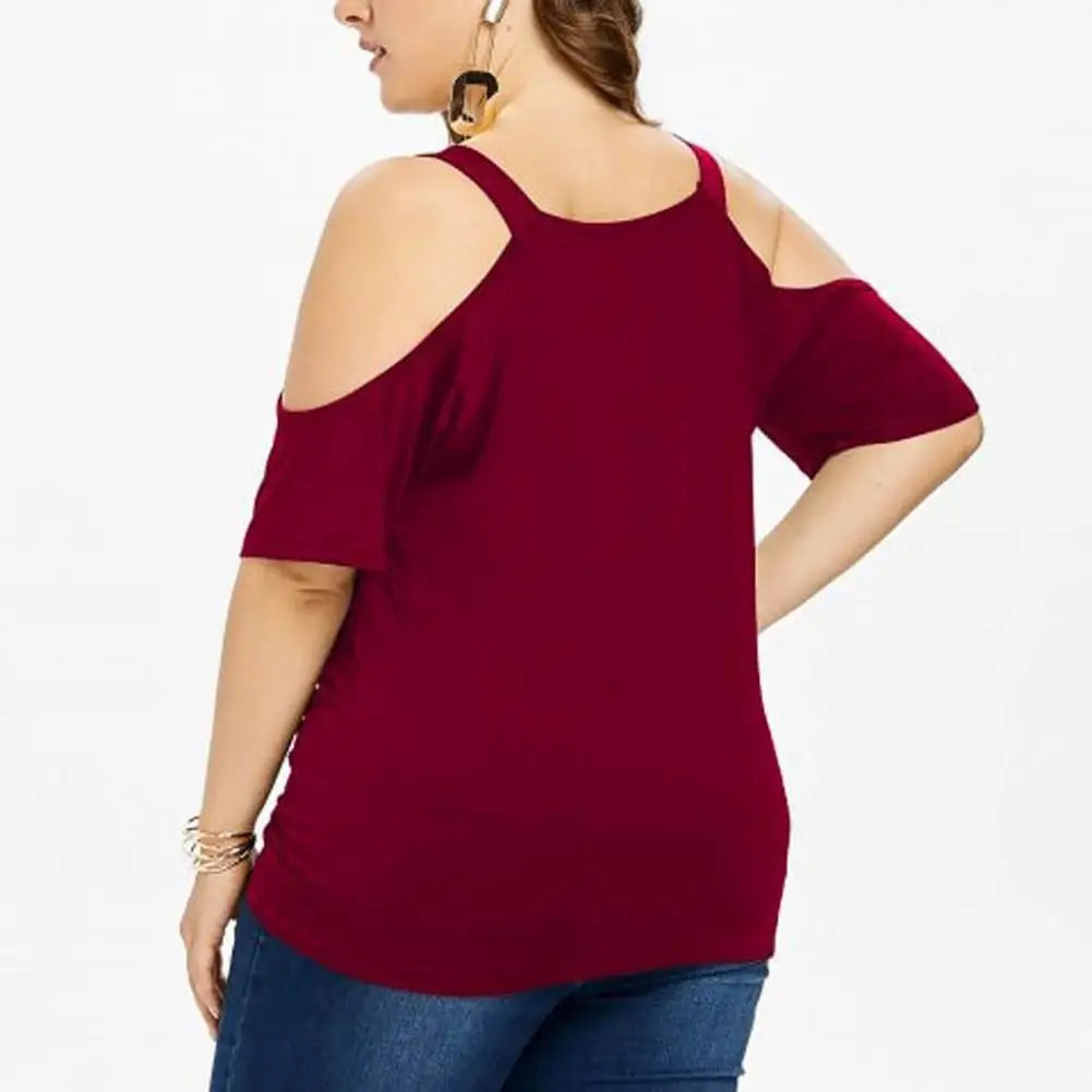 Plus Size Summer Women Blouse Lace Short Sleeves Hollow Out Solid Colour Off Shoulder Blouse