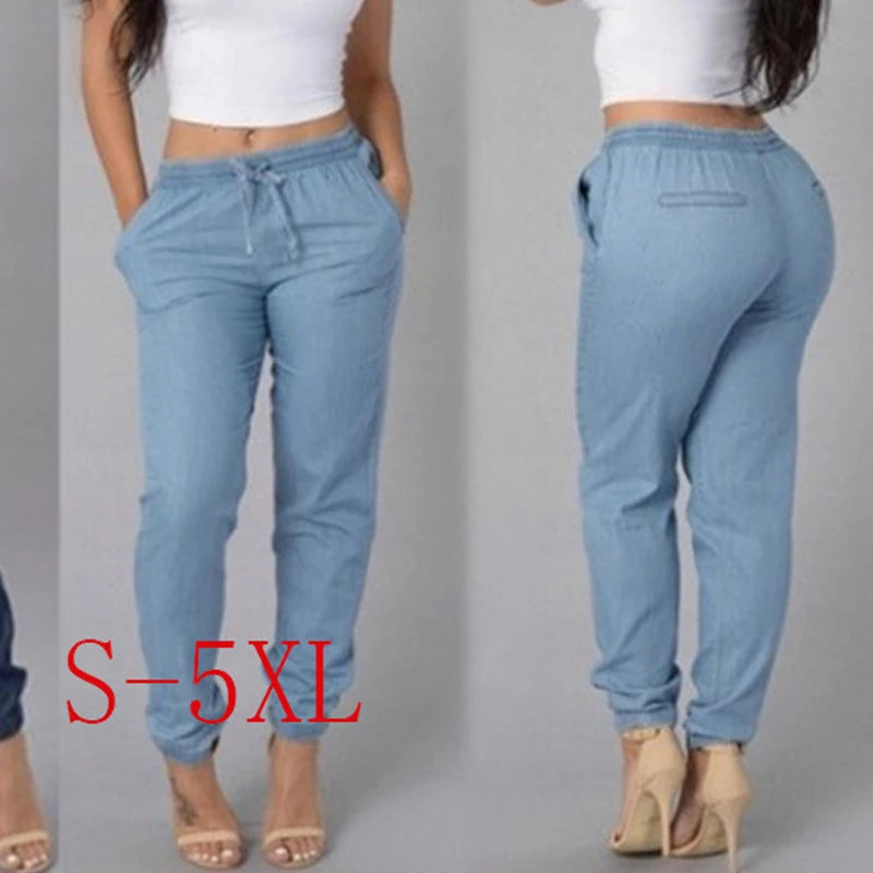 Elastic Waist Sexy Loose Pencil Jeans for Women, High Waist Ladies Thin-Section Denim Casual Jeans.  S-5xl