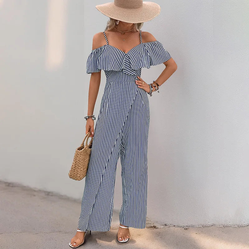 Jumpsuits Women One Piece Striped V Neck Wide Leg Long Pants High Waist Rompers 2025.  S-XL