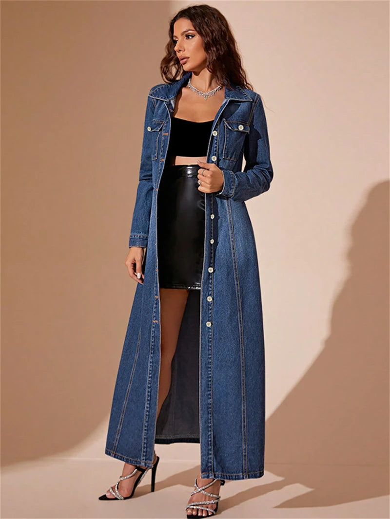 Streetwear Slim Fit Denim Dress Women Full Sleeve Single Breasted Denim long Dress.  Vestidos,     S-2X