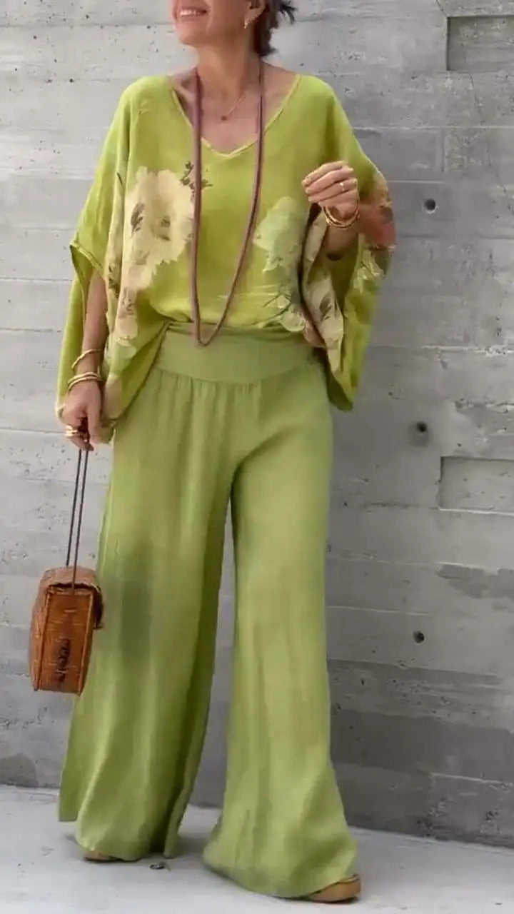 Casual Two Piece Women Spring and Summer Flower Print Short Sleeve Shirt Wide leg Trousers Fashion Suit.  S-3XL
