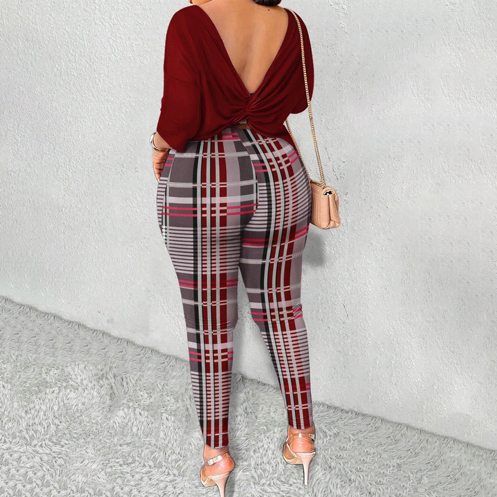 Women Two-Piece Plus Size Long Sleeves Top Plaid Print Pant Set