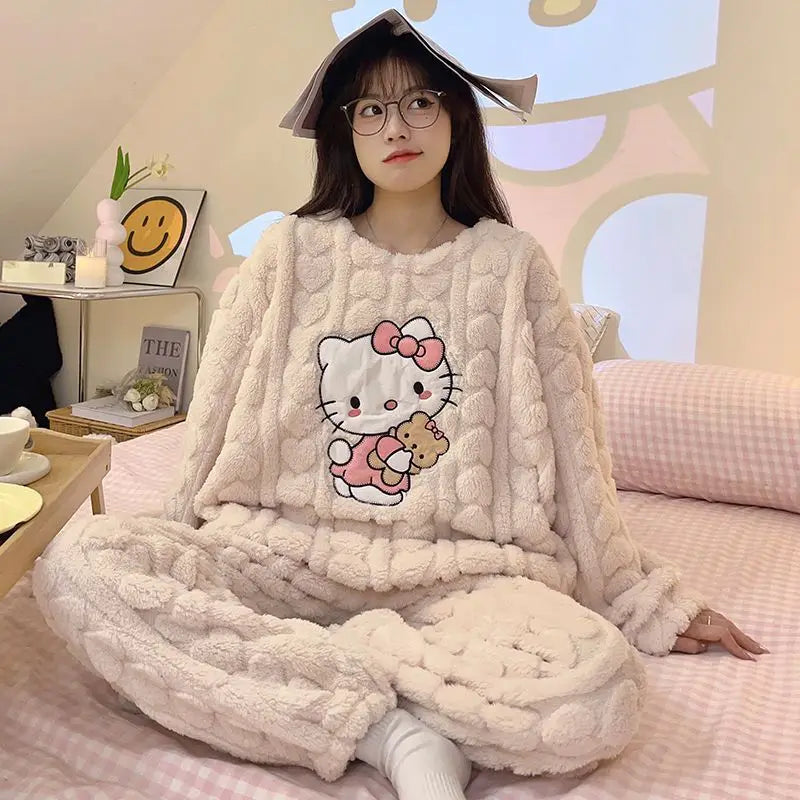Hello Kittys Women's Coral Fleece Plush Pajamas Set Sanrioed Autumn Winter Pajamas Thickened Warm Home Clothes Loose Fitting.  S-5X