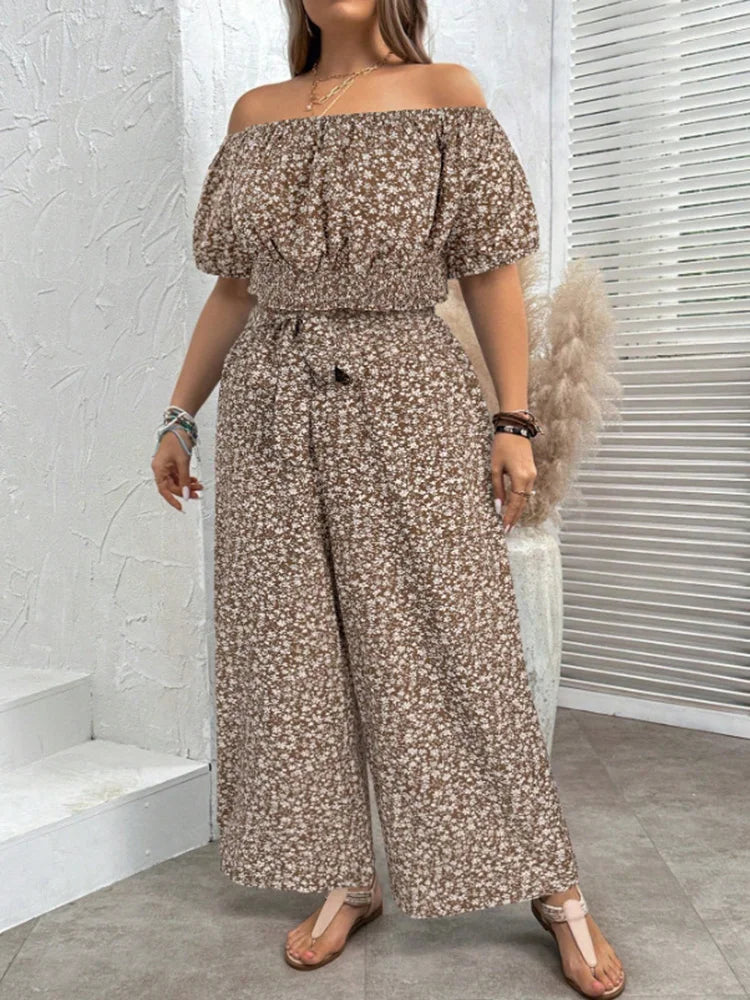 Plus Size Woman Outfit Floral Off Shoulder Crop Top Casual Wide-leg Pants Summer Two Piece Set
