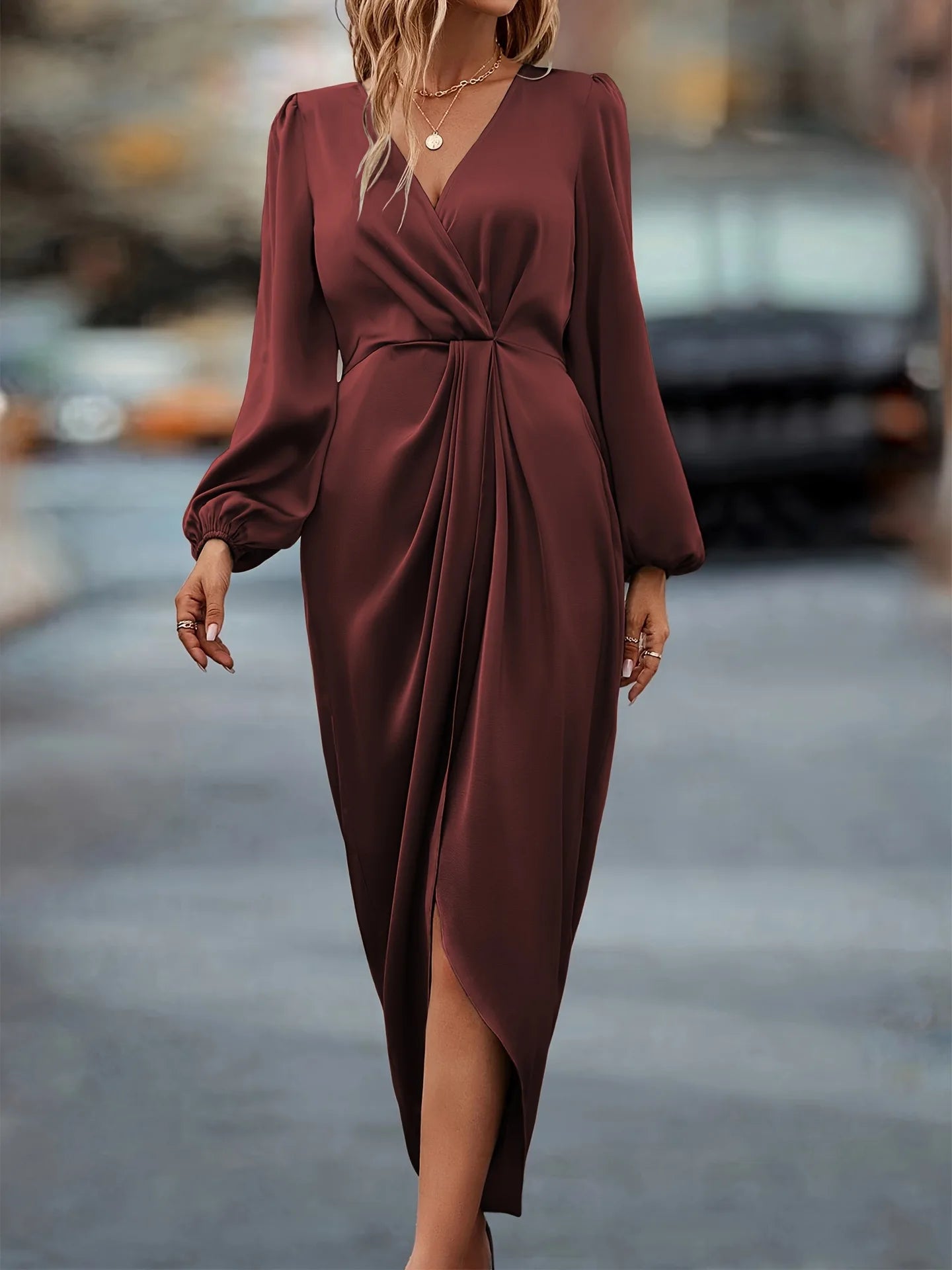 New Elegant Women's Maxi Dress With Folded Pleats Irregular Long Sleeves Dress .