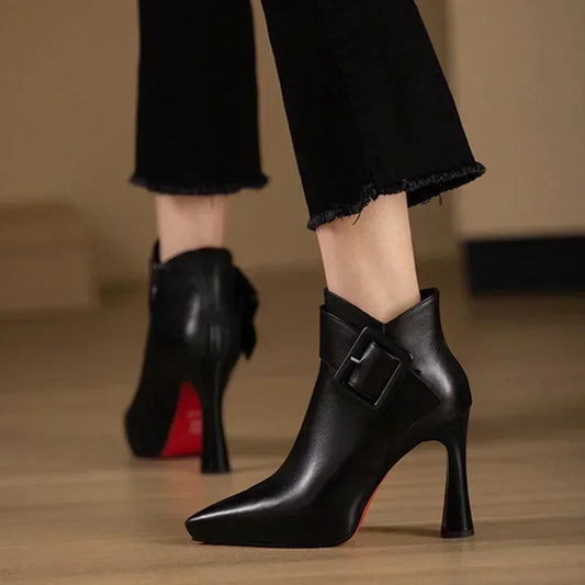 Women's Elegant Heel Ankle Boots Belt Buckle Pu Leather Short Boots