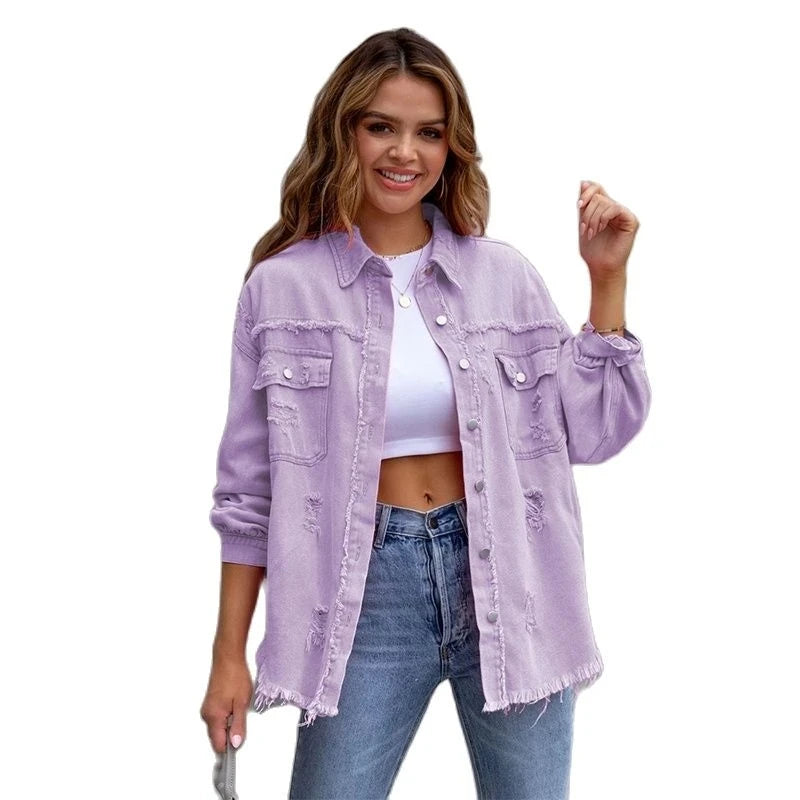 Raw-edged Denim Jacket Shirt Style Denim Casual Outerwear.   S-2x