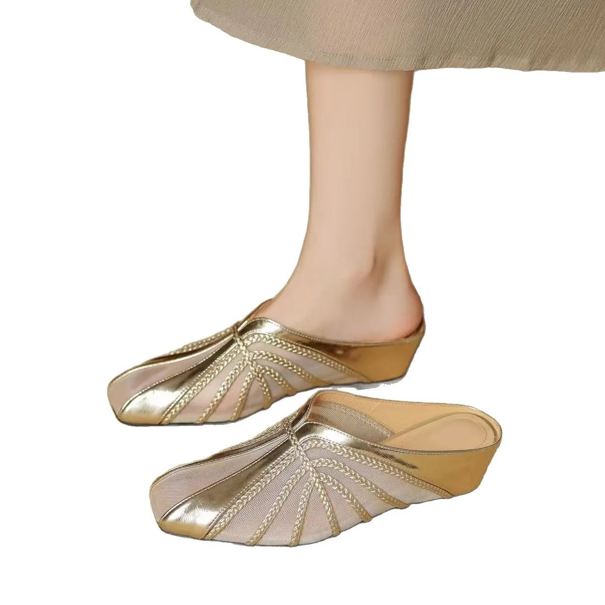 Women's Mesh Hollow Splicing Wedge Heel Mules Shoes Summer Cool and Comfortable Breathable Inner Height Increase Baotou Slippers