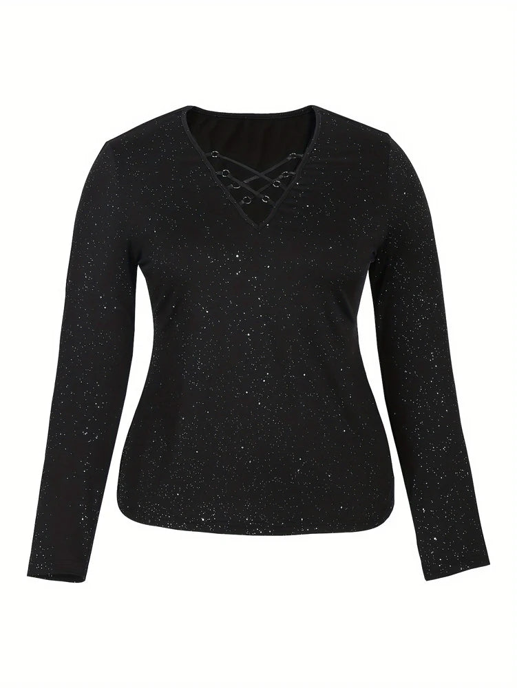 Plus Size Womens Glitter Criss Cross Deep V Neck Long Sleeve Shirt Party Top Sequins Airy Elegant Top