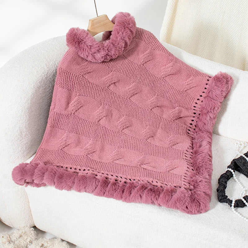 Women Sweater Pullover Fur Collar Cloak Twist Knitted Thick Elegant Splice Autumn Winter Irregularity Poncho