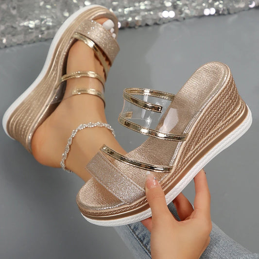 Women's Wedges Sandals Luxury Platform Slippers Sexy Open Toe Women Shoes Shiny High Heels Women Beach Shoes sandalias de mujer