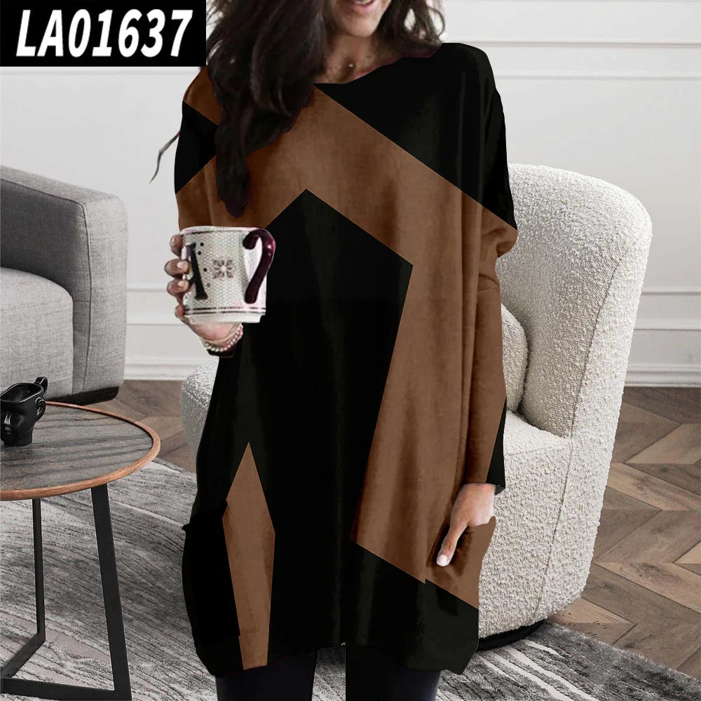 Women's Casual Geometric Print Dress Fashionable Round Neck Long Sleeve Loose Dress 2025 Spring New Style Comfortable Home Wear