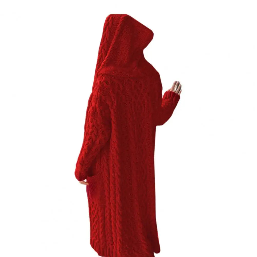 Women Sweater Jacket with Pockets Mid Length Hooded Knitted Twisted Texture Solid Colour Long Sleeve Thick Outerwear.  S-3xl