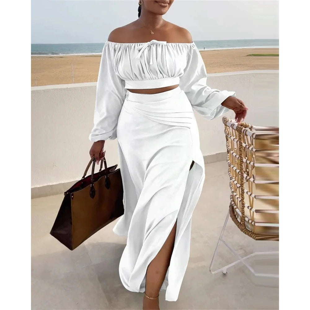 Women Ruched Lantern Long Sleeve Off Shoulder Crop Top & High Waist Side Slit Maxi Skirt Set Solid Two Pieces Outfit.  S-3xl