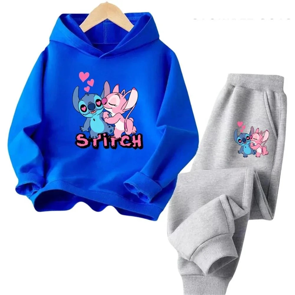 Kawaii Stitch Hoodie For Girls Casual Long-sleeves Sweatshirt+long Pants Sets for 2-13 Years Kids Autumn 2pcs Set Clothing
