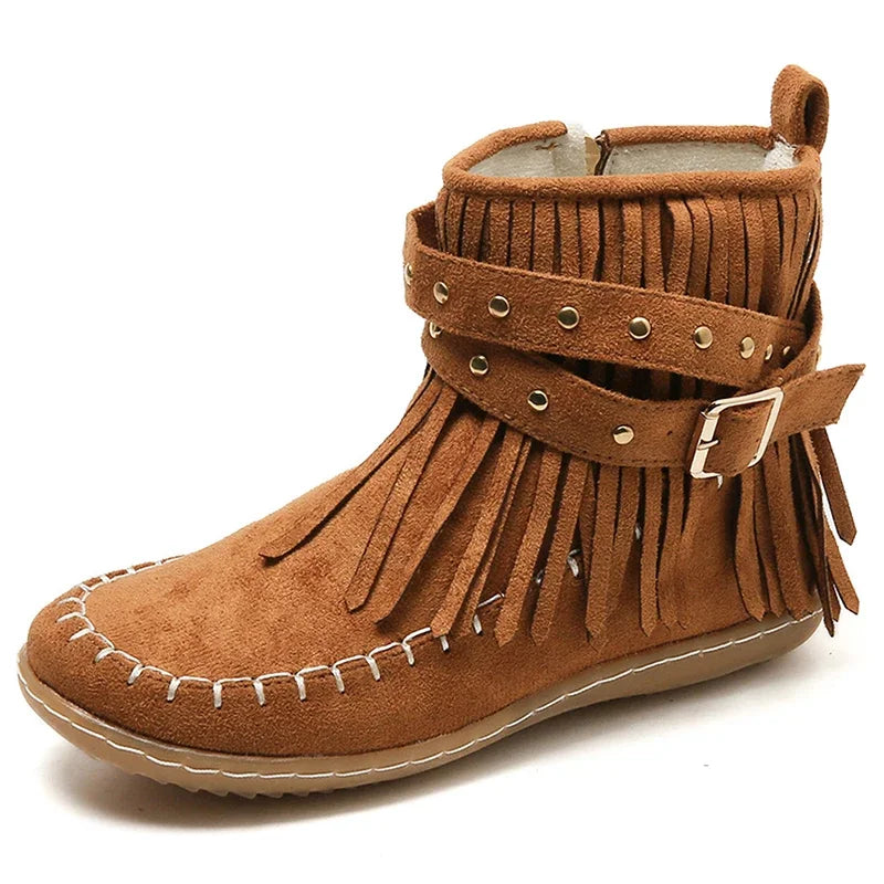 Bohemian Style Tassel Faux Suede Buckle Strap Short Boot.