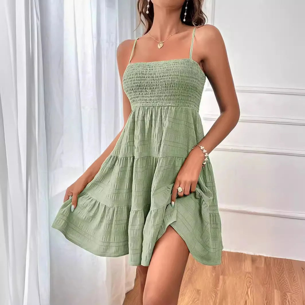 Boho Sundress Women Sexy Sleeveless Backless Swing Dress Solid Spaghetti Strap Dress.  S-2X