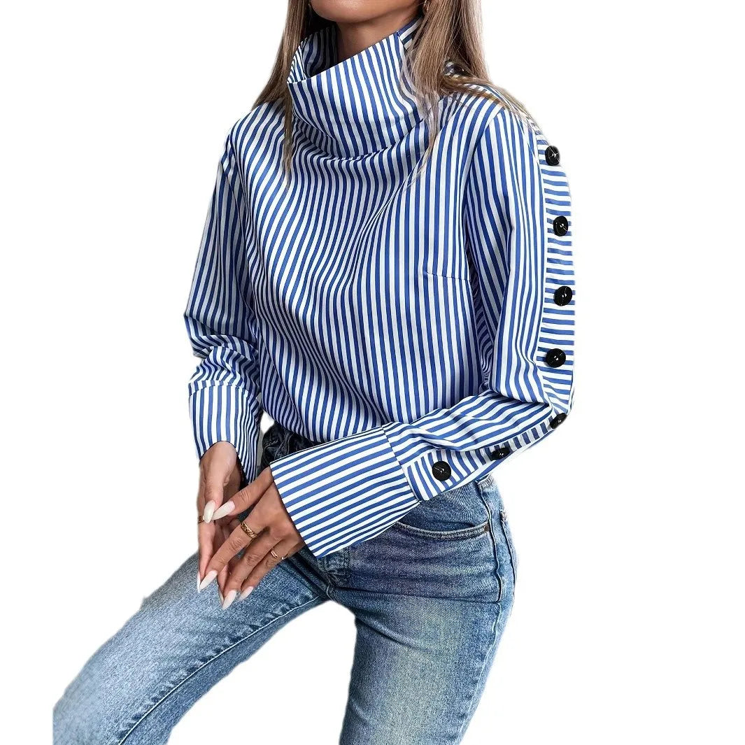 Spring Shirt New Stripe Long Sleeved Top For Women Elegant Woman Blouse .  S-2x
