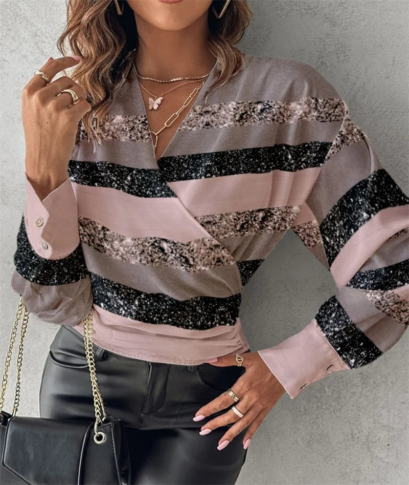 Sexy V Neck Long Sleeve Summer Fashion Elegant Blouse.  S-2X