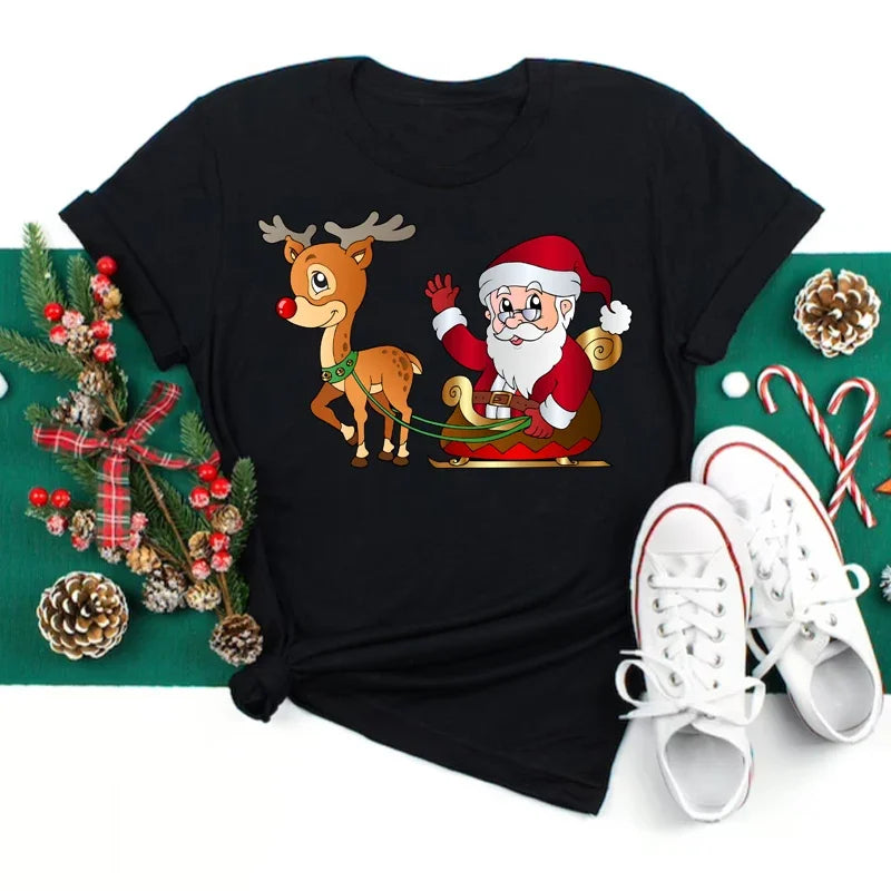 Women's Kawaii Christmas Top - Santa Claus & Deer O-Neck Y2K T-Shirt.  S-3X