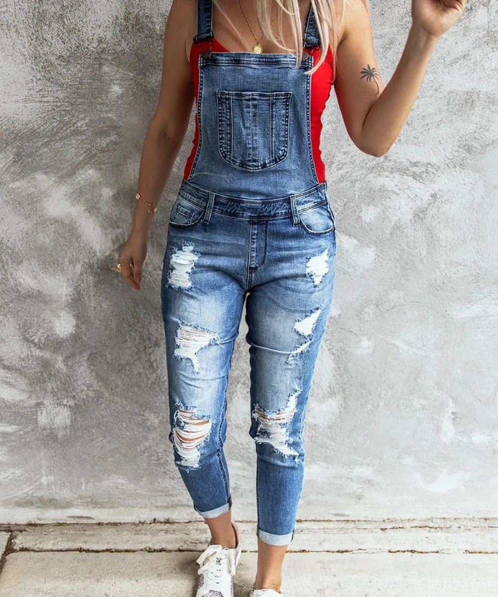 Ladies Denim Ripped Jeans Jumpsuit Stretch Denim