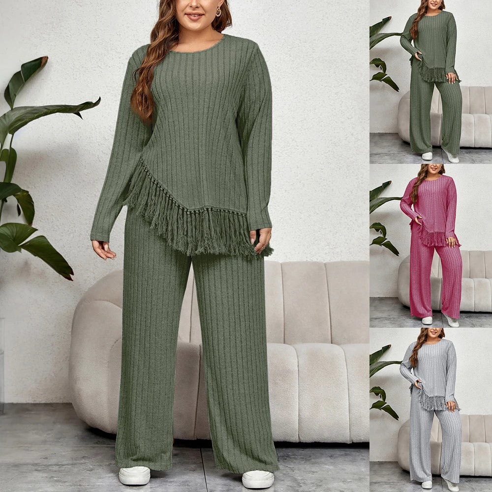 Plus Size 2 Piece Women Pants Set Loose Ribbed Long Sleeve Tassel Irregular Hem Top And Pants