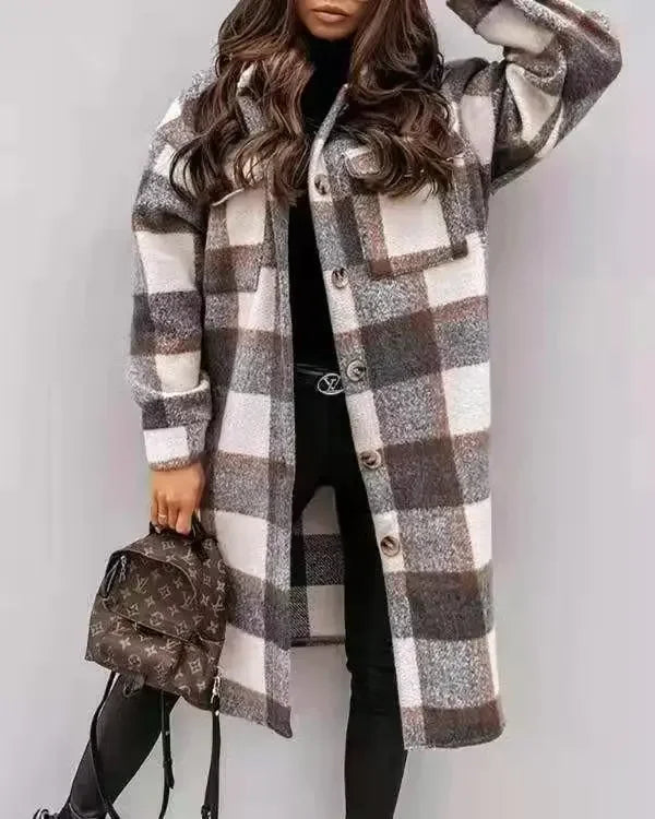 Jacket Spring and Autumn Jacket Women's Plaid Polished Long Sleeve And Pockets Outerwear.  S-2x