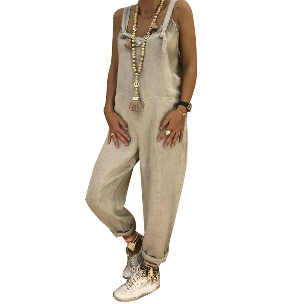Women Casual Solid Color Sleeveless Adjustable Straps Loose Jumpsuit/Overalls.  M-5X
