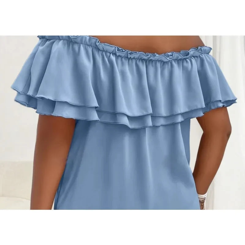 Summer New Plus Size Women's Fashionable Solid Colour Off Shoulder Bow Top