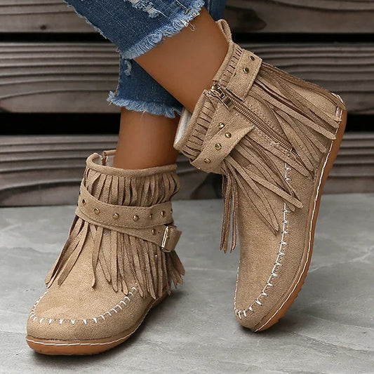 Bohemian Style Tassel Faux Suede Buckle Strap Short Boot.