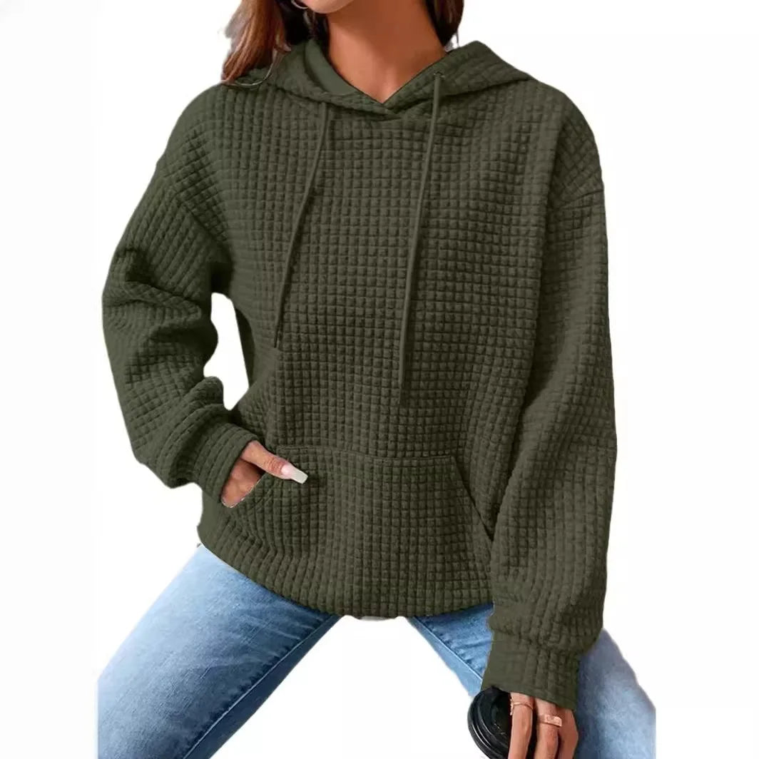 Women's hooded sweatshirt spring and autumn style waffle fashion beautiful solid color hooded drawstring loose sweatshirt.  S-2XL