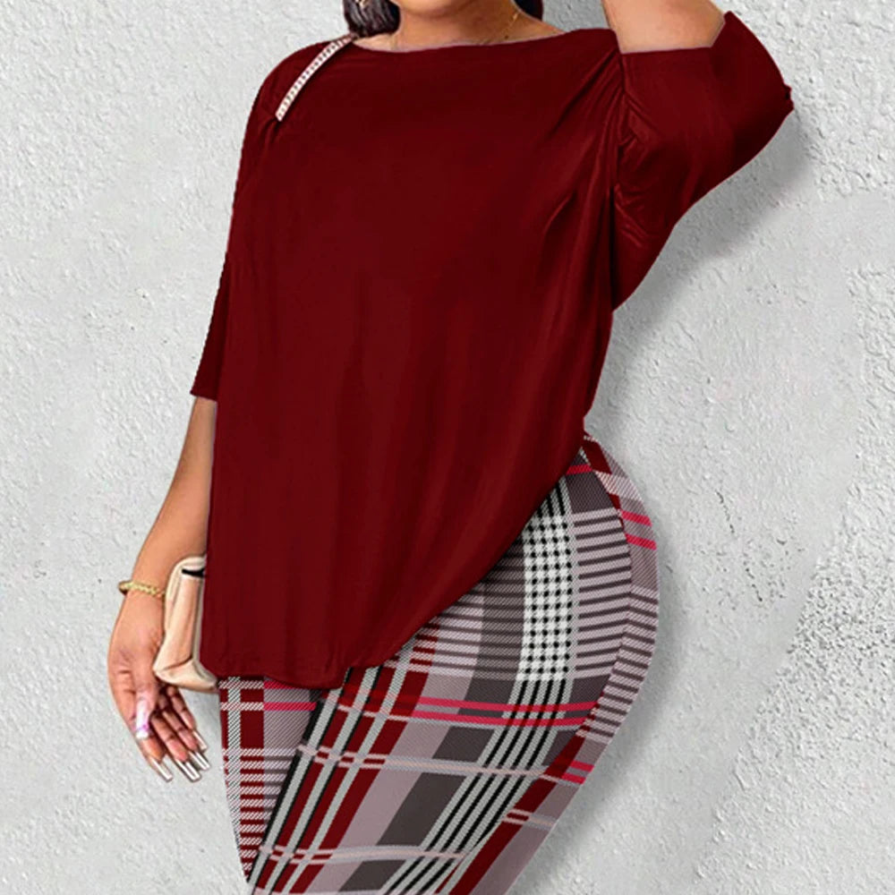Women Two-Piece Plus Size Long Sleeves Top Plaid Print Pant Set