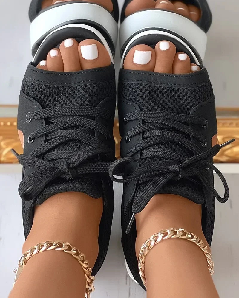Summer Casual Comfortable Toe Contrast Cutout Lace-up Platform Sport Sandal/Sneakers