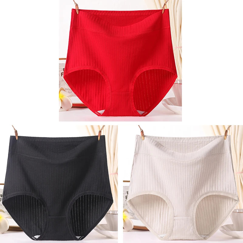 3pcs Ladies Plus Size High Quality Cotton Panties High Waist Breathable Briefs Solid Colour.