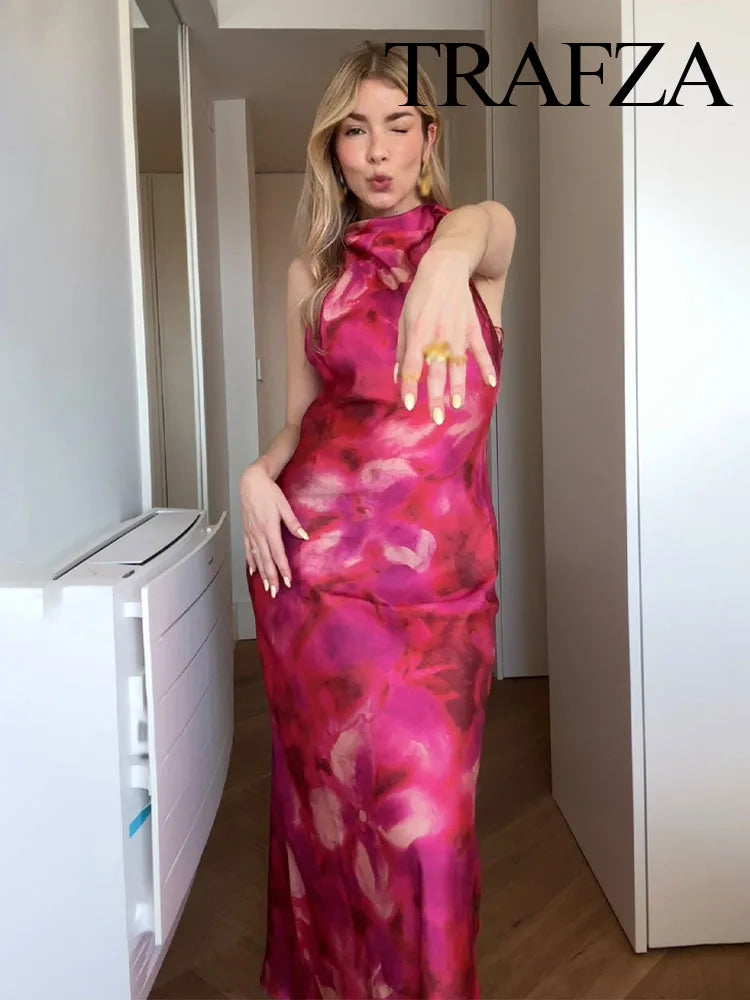 TRAFZA Women 2025 Spring New Silk Satin Texture Print Sleeveless Midi Dress Female Light Luxury Elegant Slim Long Dress Mujer