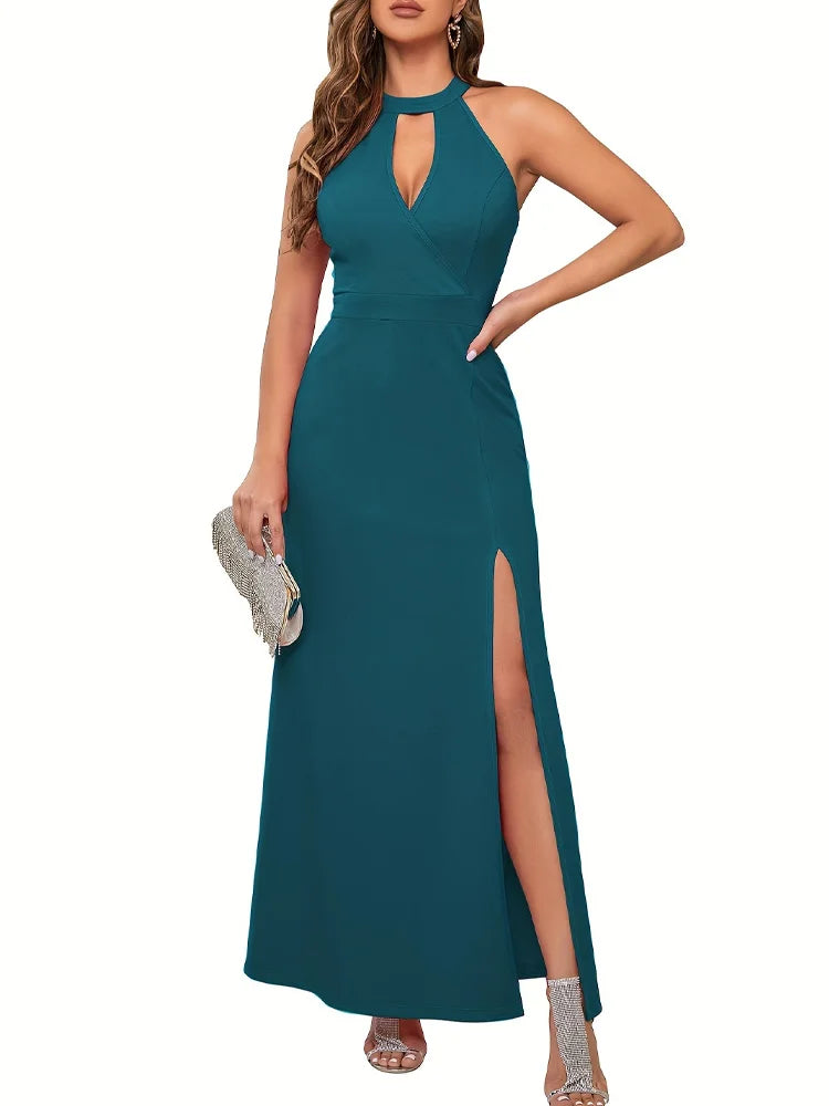 Women's Slit Sleeveless Hollow High Neck Elegant Evening Cocktail Long Dress.  S-2X