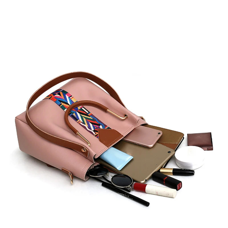 4pc Large Capacity Luxury Women's Shoulder Bag Fashion Coloured Ribbon Patchwork Tote Bag