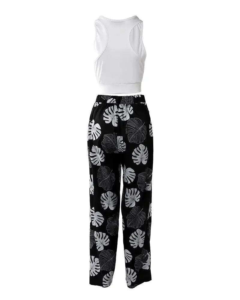 Ladies Solid Cut-out Tank Top & Tropical Print Split Wide Leg Pant Set