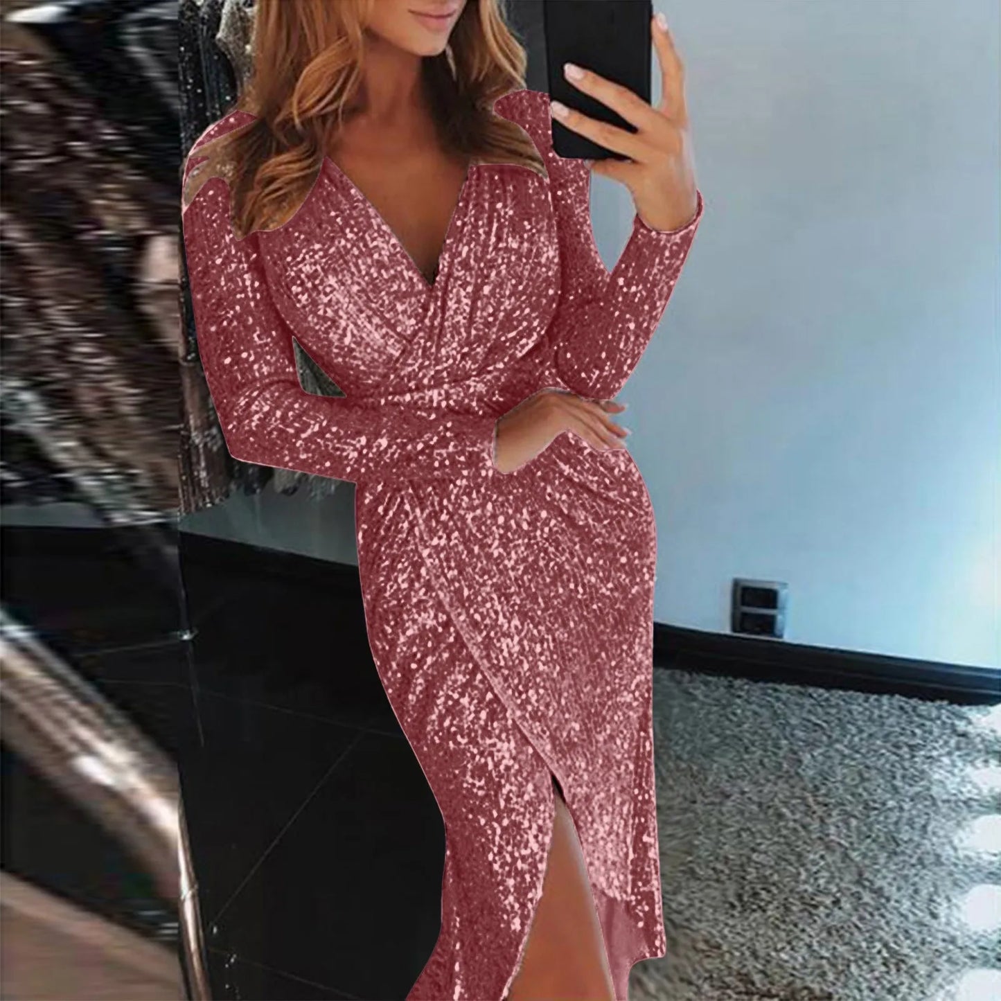 Womens Party Dresses Sexy Deep V Sequins Ruched Long Sleeved Formal Dress.  S-2X