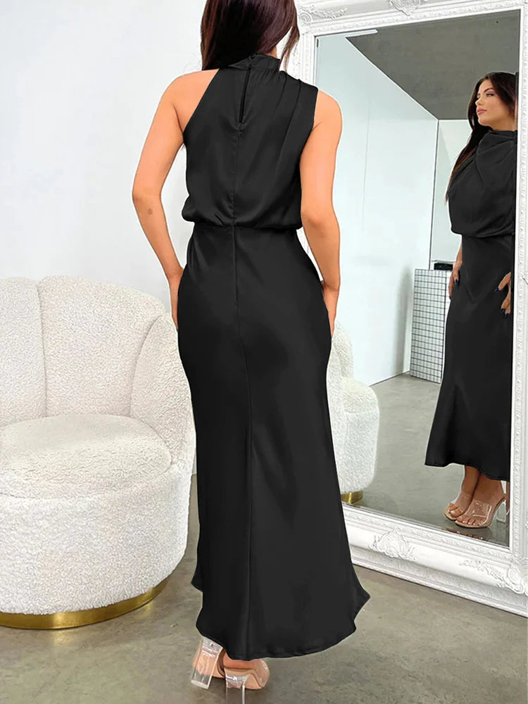 Summer High-End Silk Satin Long Dress Women Fashion Elegant Celebrity Evening Dress.  S-XL