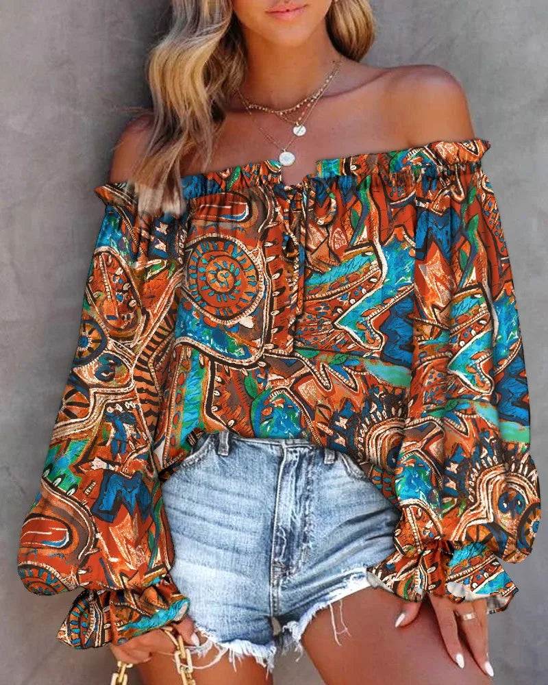 Trendy Print One Shoulder Women Off Shoulder Flared Long Sleeve Blouse.  S-2X