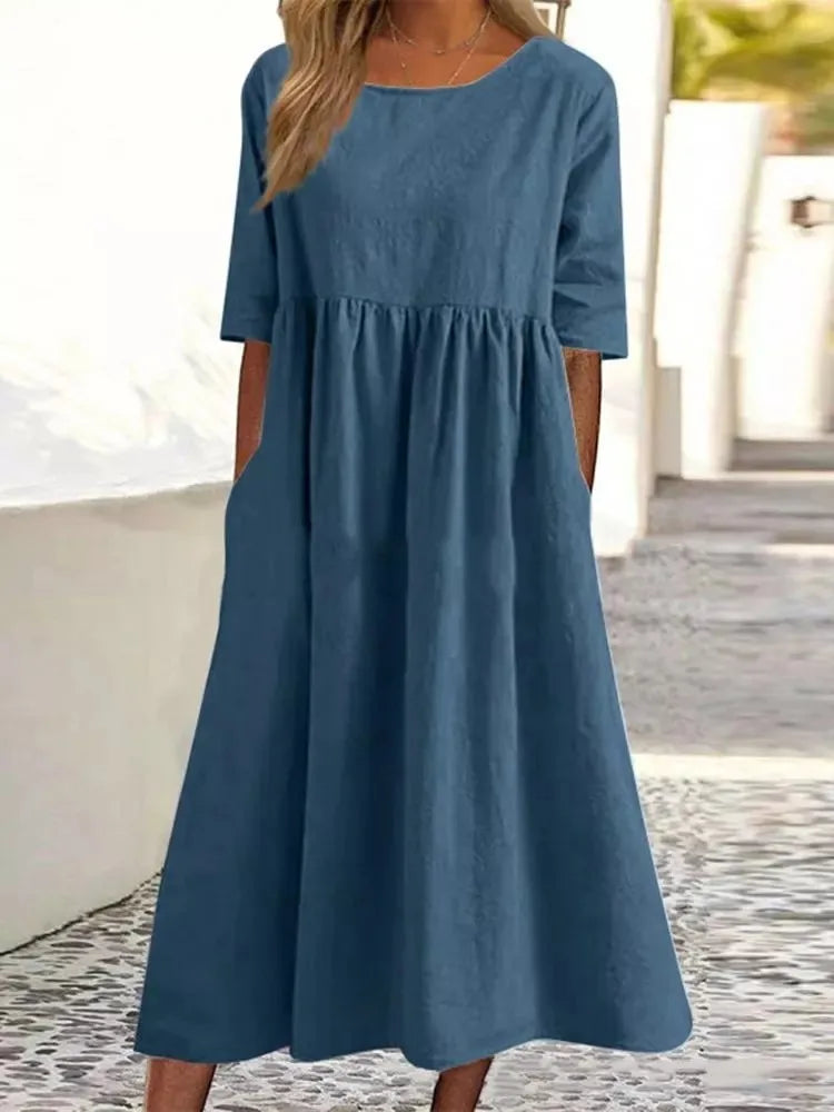 Casual Loose Long Plus Size High Waist Cotton Linen Dress.   S-5X