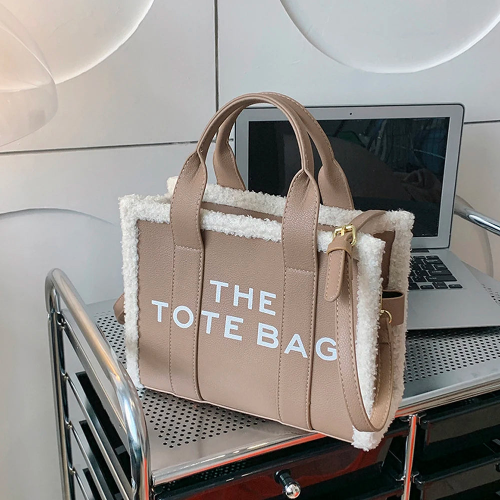 Winter Soft Lamb Wool Stitching Top-Handle PU Leather Fashion Small Cross-body Letter Print Square Tote Bag