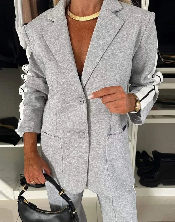 Women's Fashion Latest Striped Side Sporty Tape Notched Collar Front Button Blazer Wide-Leg Pants  Set