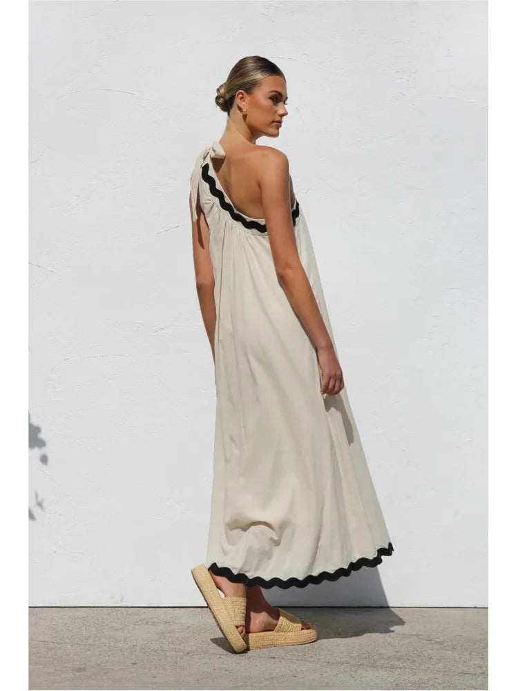 Casual Dress 2025 Summer New French With Sloping Shoulder Style Long Dress.  S-XL