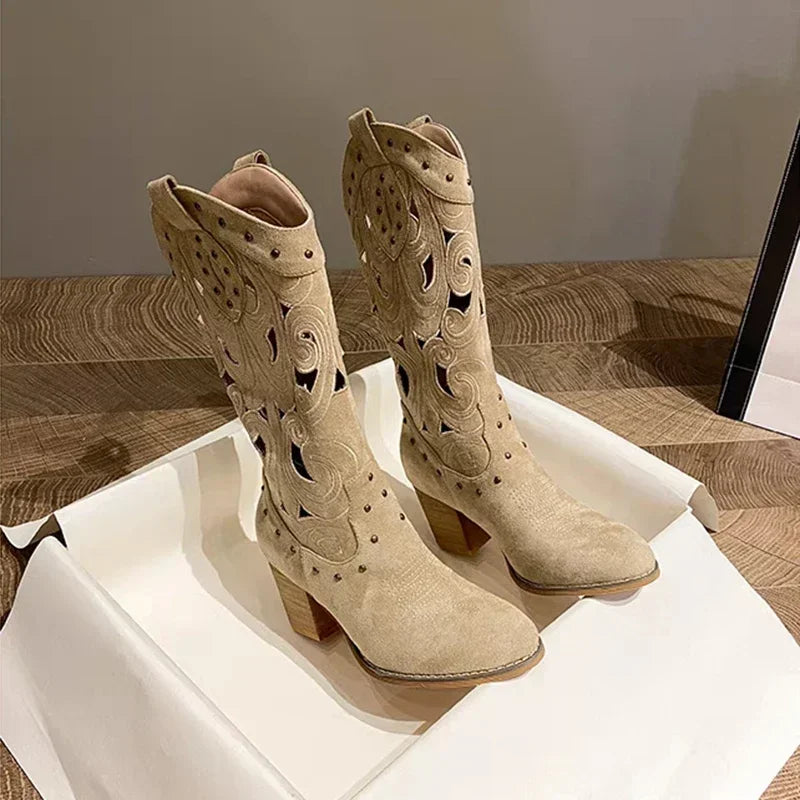Embroidered Vintage Western Boots, Chunky Heels Pu Leather .